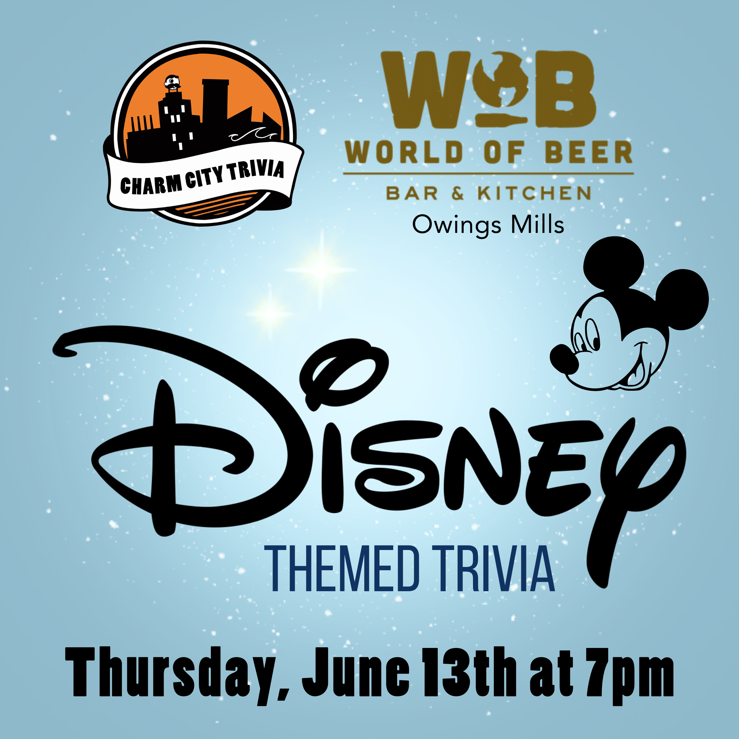 a medium blue background with a lighter center and stars, the charm city trivia logo, world of beer owings mills logo, disney logo, peter pan stars, mickey mouse, and black text. the text reads: thursday, june 13th at 7pm